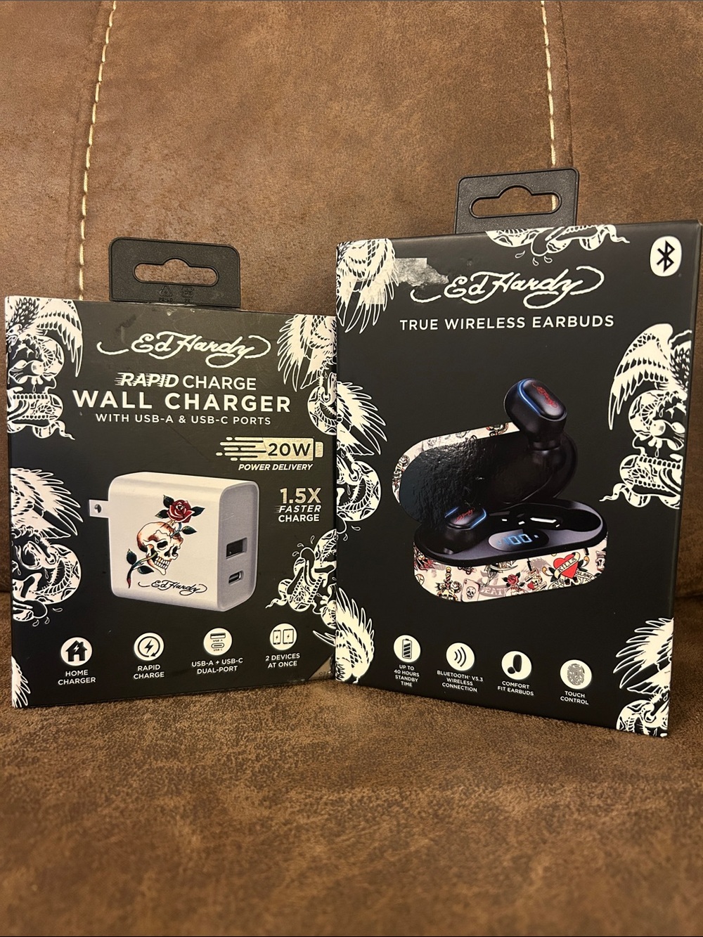 Ed Hardy Black True Wireless Earbuds with White Rapid Charge Wall Charger